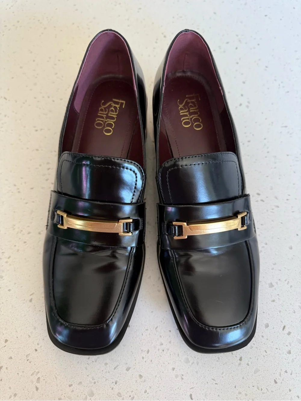 Franco Sarto Black Leather Loafers with Gold Hardware